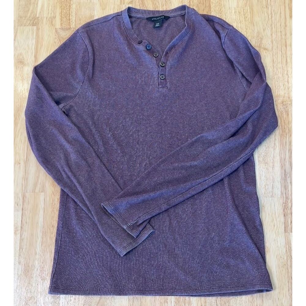 STRUCTURE Mens Long Sleeve Ribbed Henley Shirt Purple M Medium Cotton Blend‎